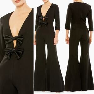 Mac Duggal Black Tie Satin Wide Leg Formal Bow Jumpsuit Evening Wear V Neck 12